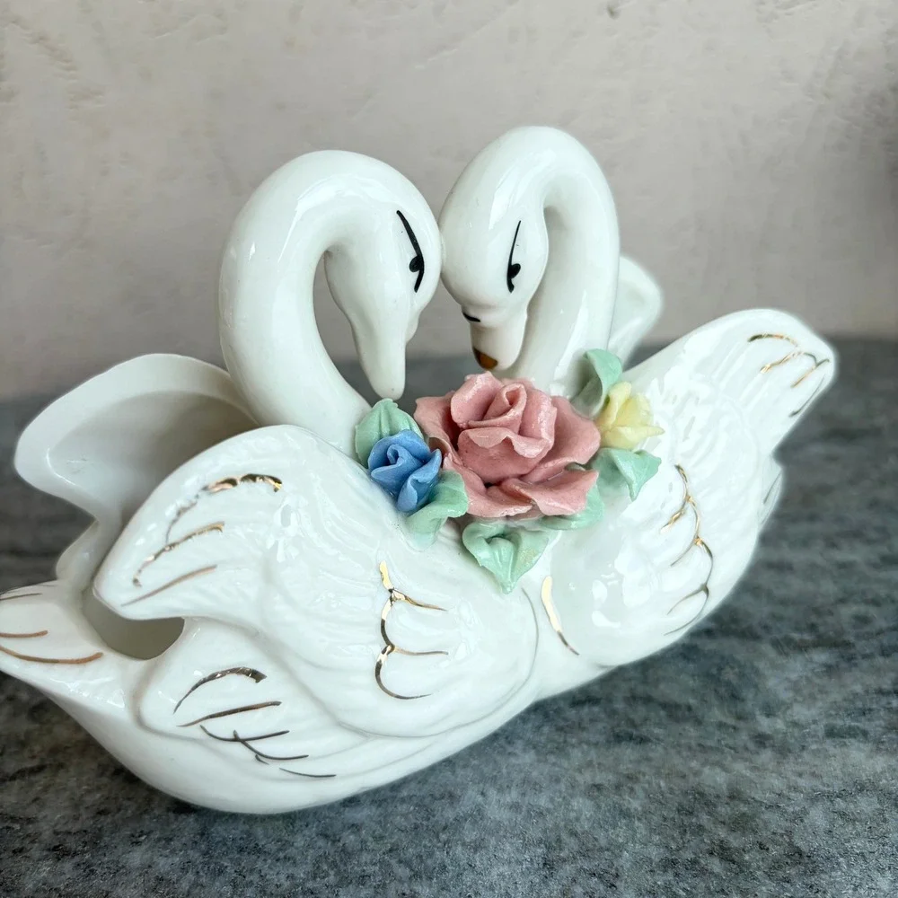 Vintage White Porcelain Double Swan Planter Gold Gilt Ceramic Roses Trinket Dish